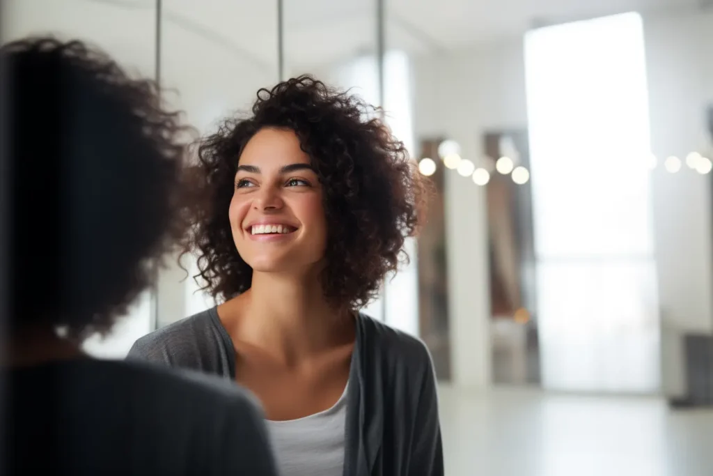 Femme souriante se regardant dans un miroir dans un environnement lumineux, symbolisant la découverte de soi en personal branding.